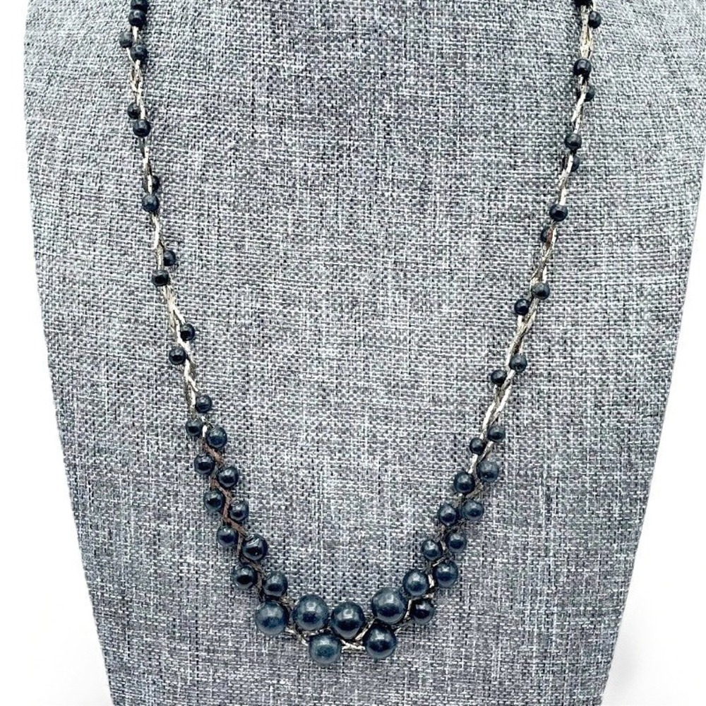 Vintage Gold Tone Black Faux Pearl Hematite Zig Zag Bead Necklace  Clasp 80s 90s